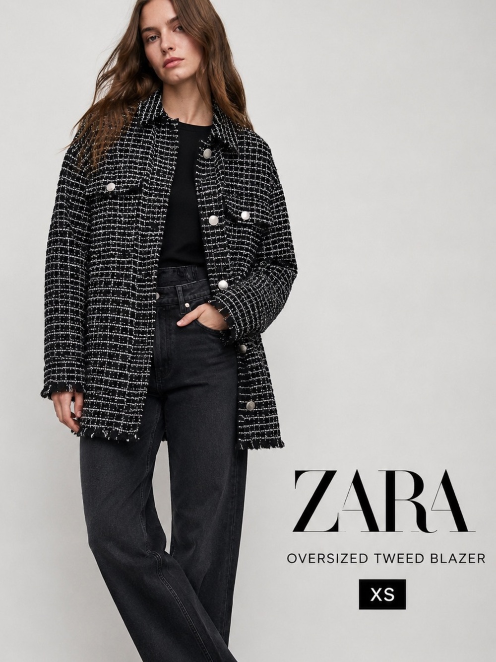 ZARA 🖤 Black & White Tweed Oversized Blazer – XS